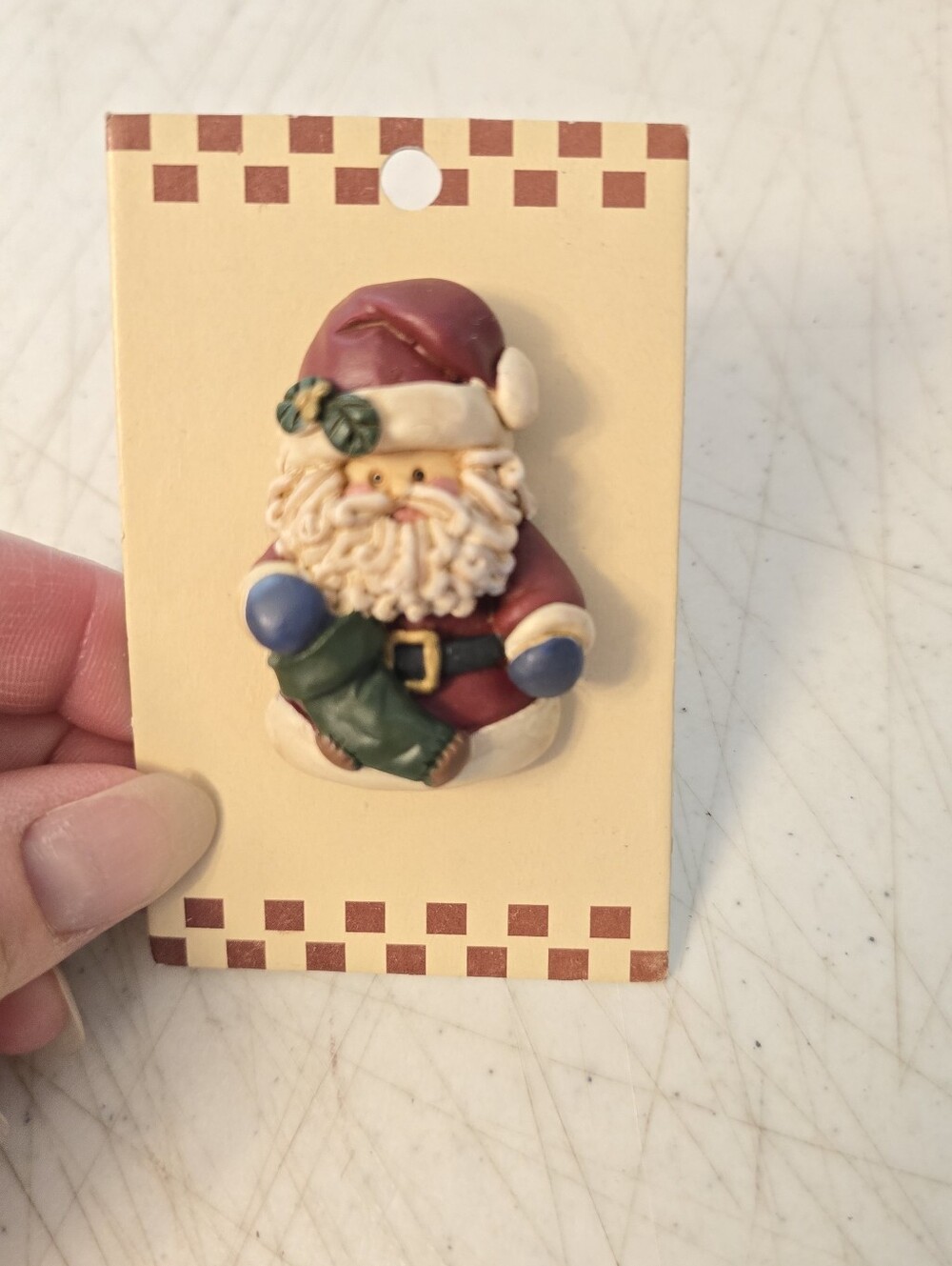 Clay Ceramic Santa Claus Holding Stocking Pin Brooch 2"